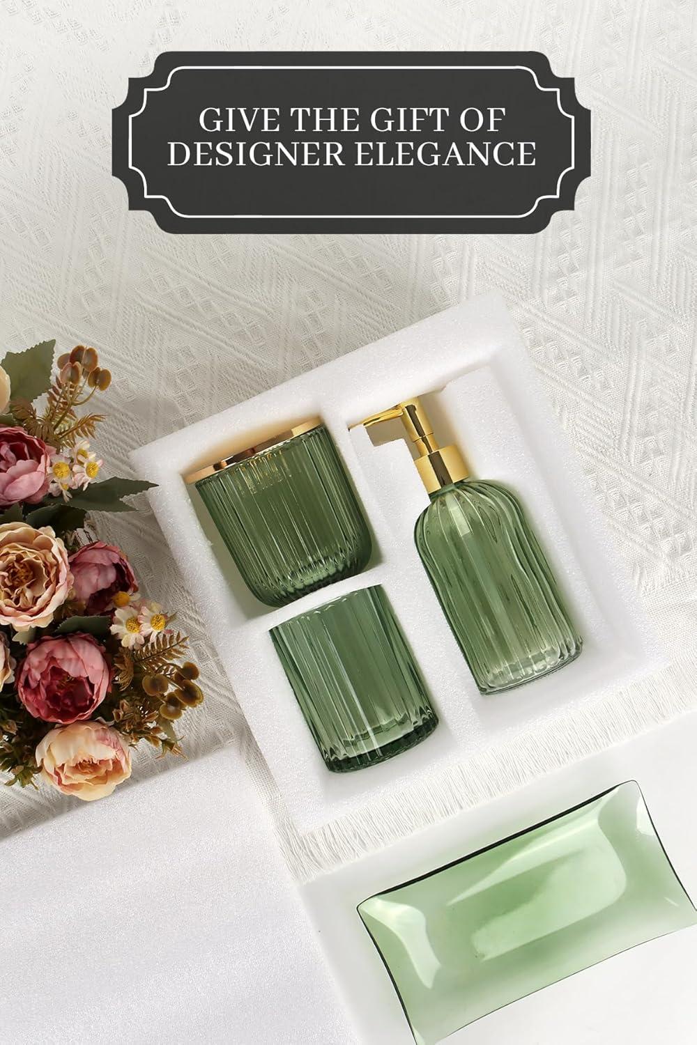 Green Glass Bathroom Accessories Set with Gold Accents, 4 Pieces