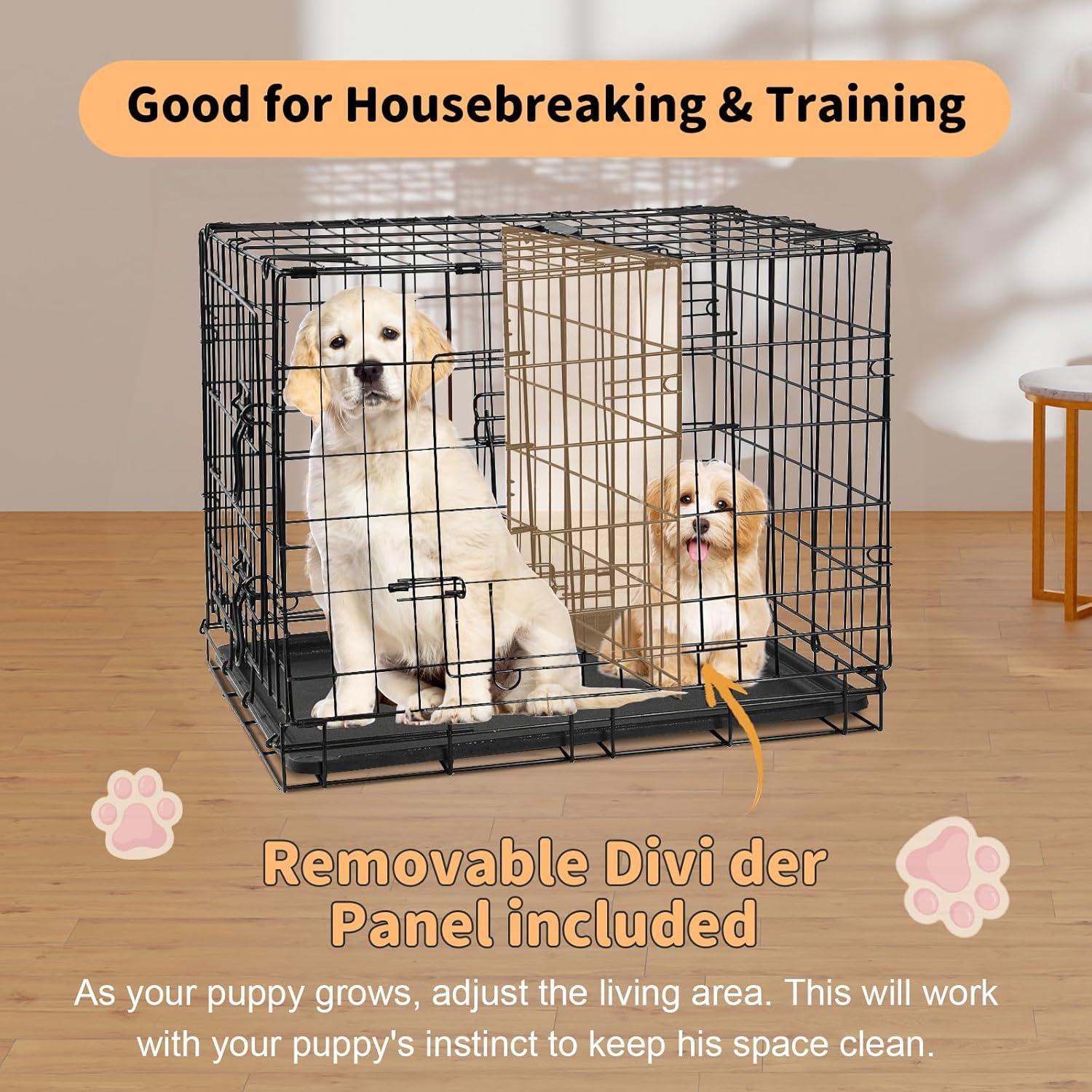 24-Inch Foldable Metal Wire Dog Crate, Collapsible Double Door Dog Crate with Removable Leak-Proof Pan, Divider Dogs Crate with Handle, Black