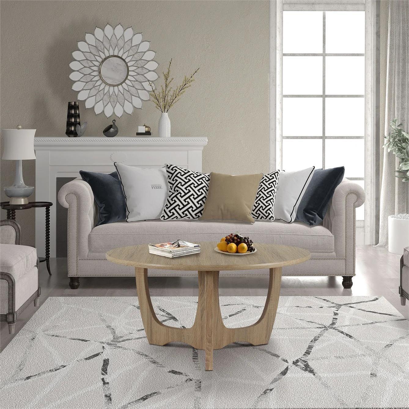 FINECASA Wooden Round Coffee Table, Curved Leg, Furniture, Accent Couch, Coffee Table for Livingroom, Round Wood Table, 36 x 18 Inches, Natural