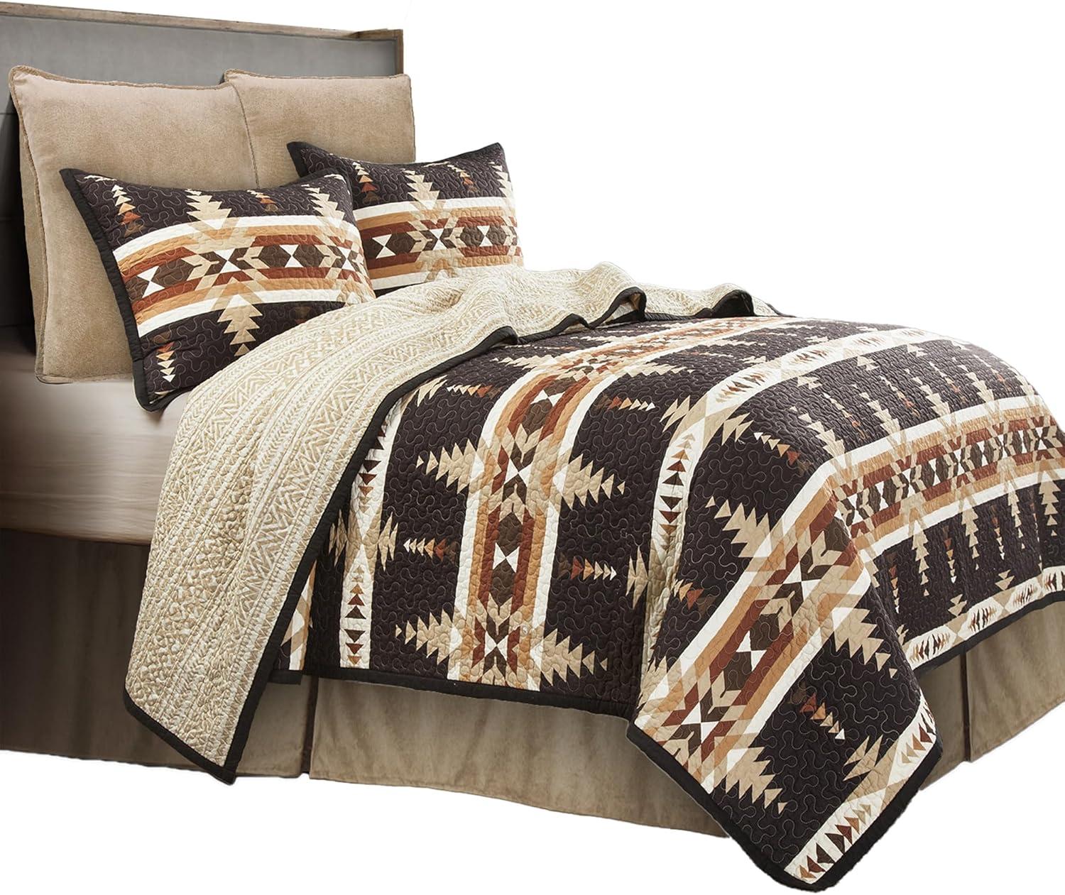 Yosemite Brown Tan White Aztec Print Southwestern Rustic Cotton Reversible Quilt Set