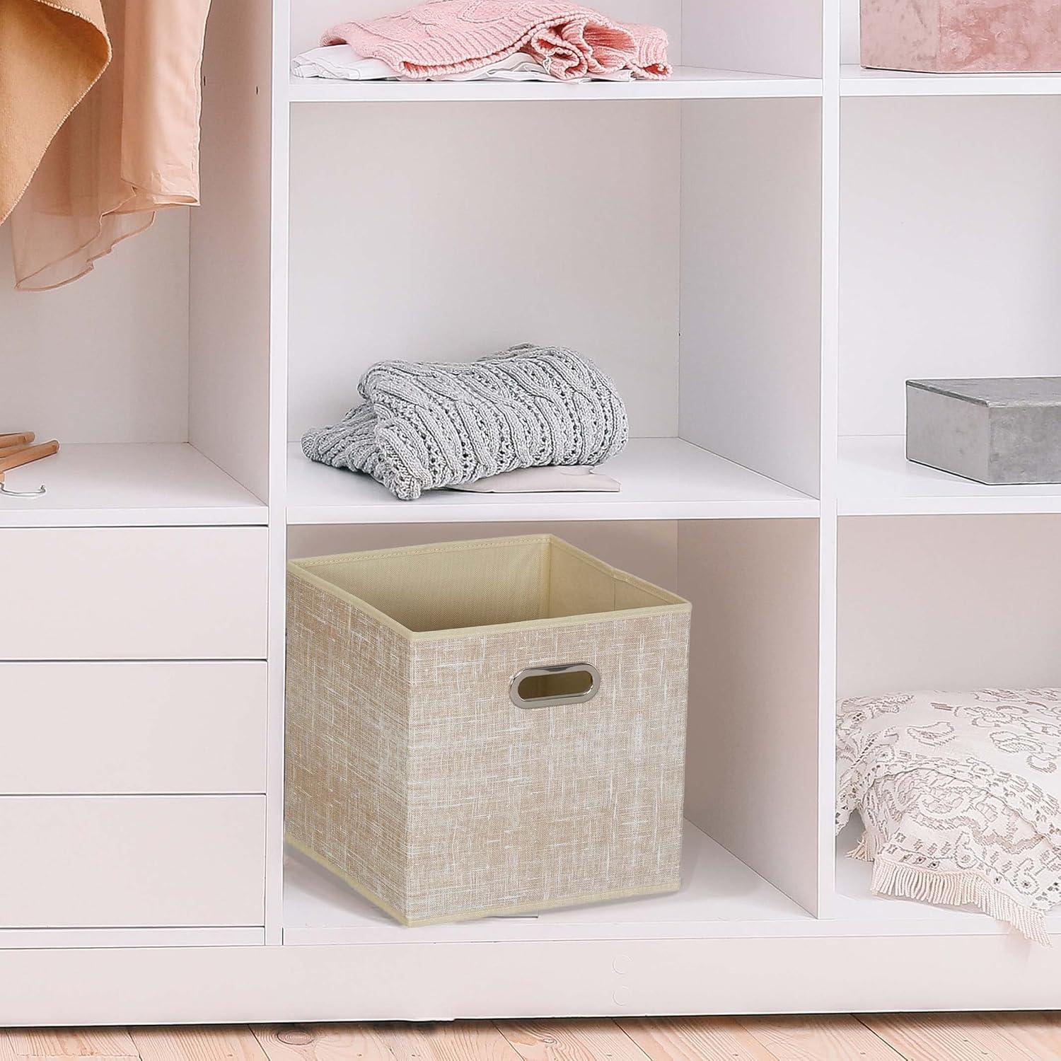 Household Essentials 11" Set of 6 Storage Bins Tan Mix: 11in Polyester Canvas, Folds Flat, No Assembly, Beige