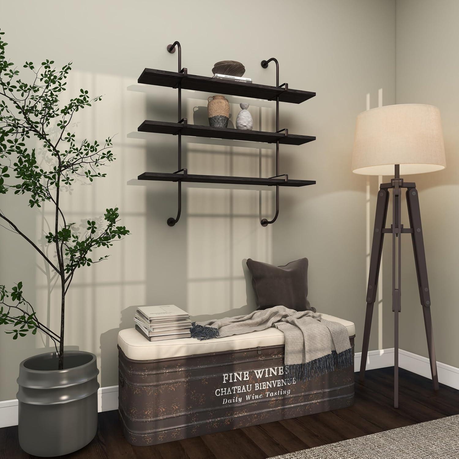 DecMode 38" x 10" 3-Tier Gray Wall Shelf with Black Metal Brackets