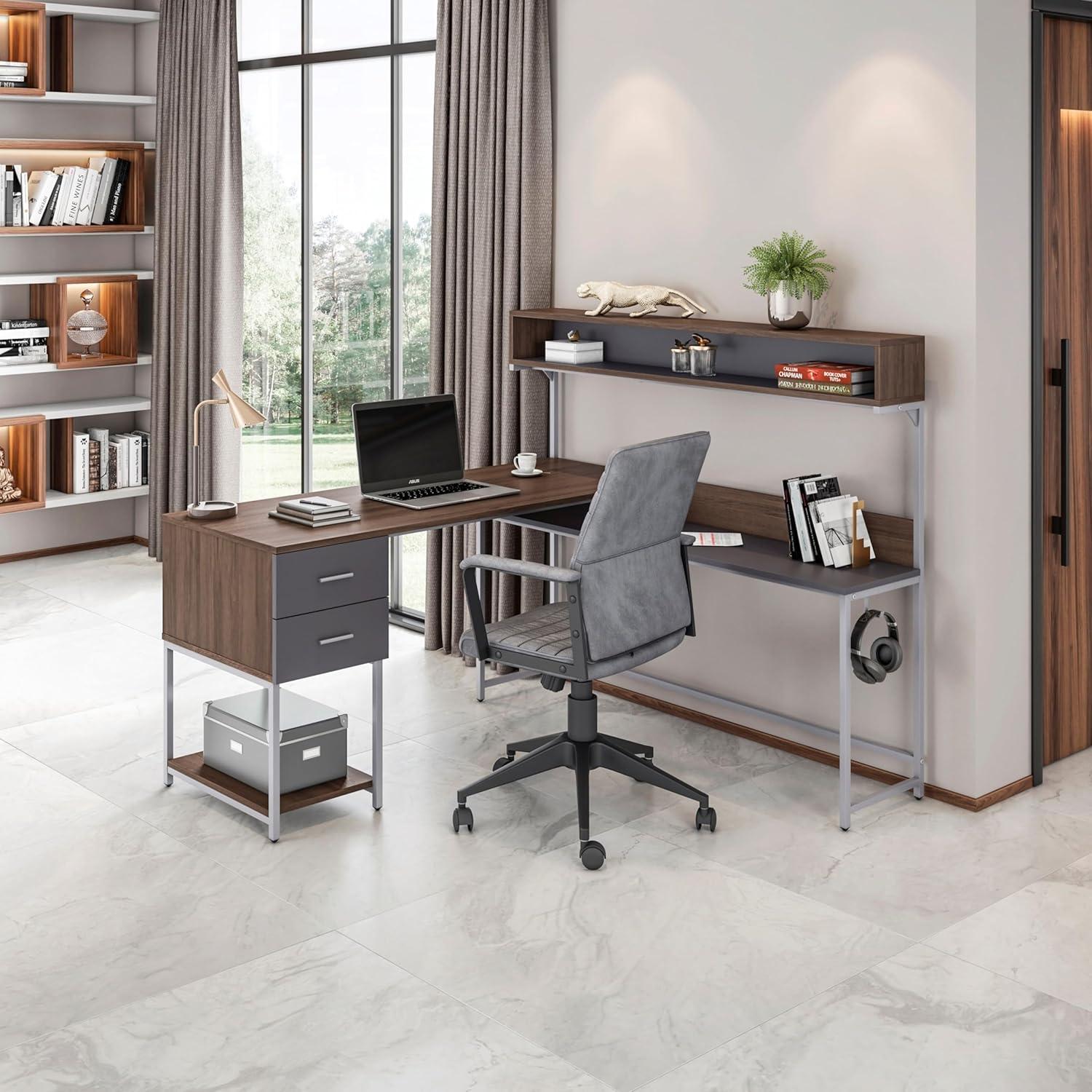 L Shape Desk with Hutch and Storage - Techni Mobili