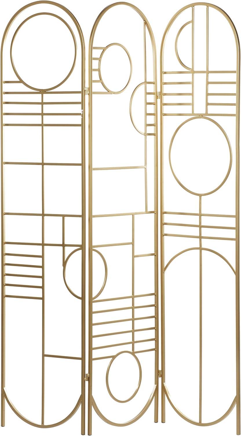 DecMode Modern 3 Panel Metal Room Divider Screen with Geometric Pattern and Gold Finish, 50"W x 69"H