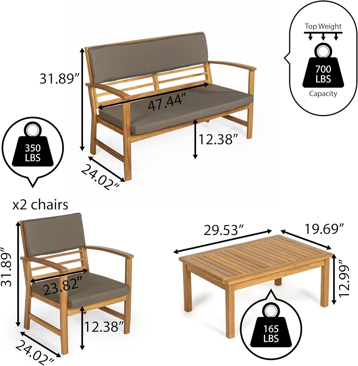 Dark Gray and Teak Brown Acacia Wood 4-Piece Patio Set