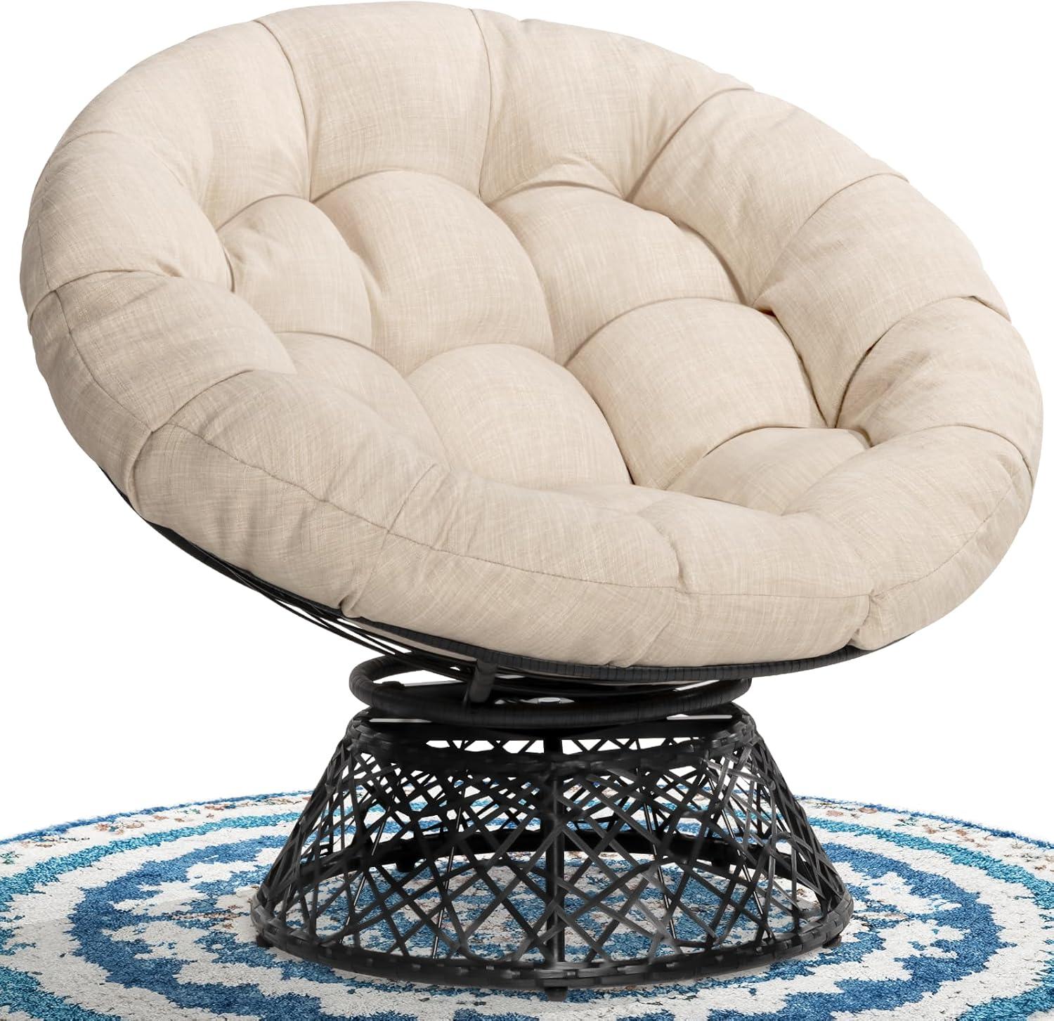 Sepia Sand Papasan Chair with Black Metal Swivel Base