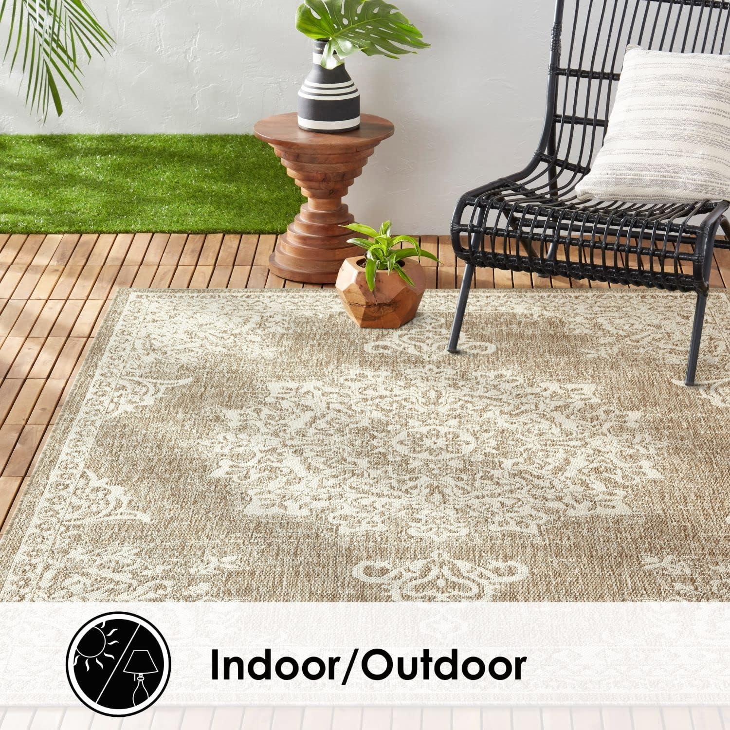 Nicole Miller New York Patio Country Azalea Medallion Indoor/Outdoor Area Rug, Taupe/Ivory