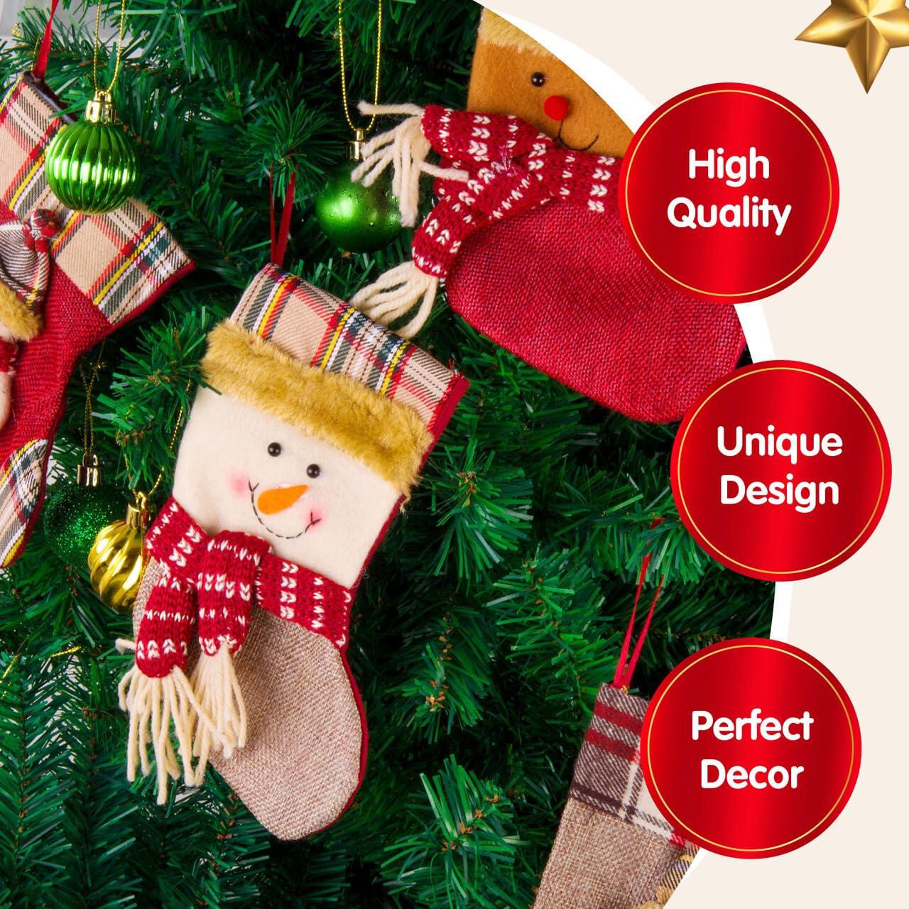 JOYFY 12 Pcs Mini Christmas Stockings 3D Bulk Xmas Stockings Santa Snowman Reindeer Burlap Stockings for Present Holders Treat Bags