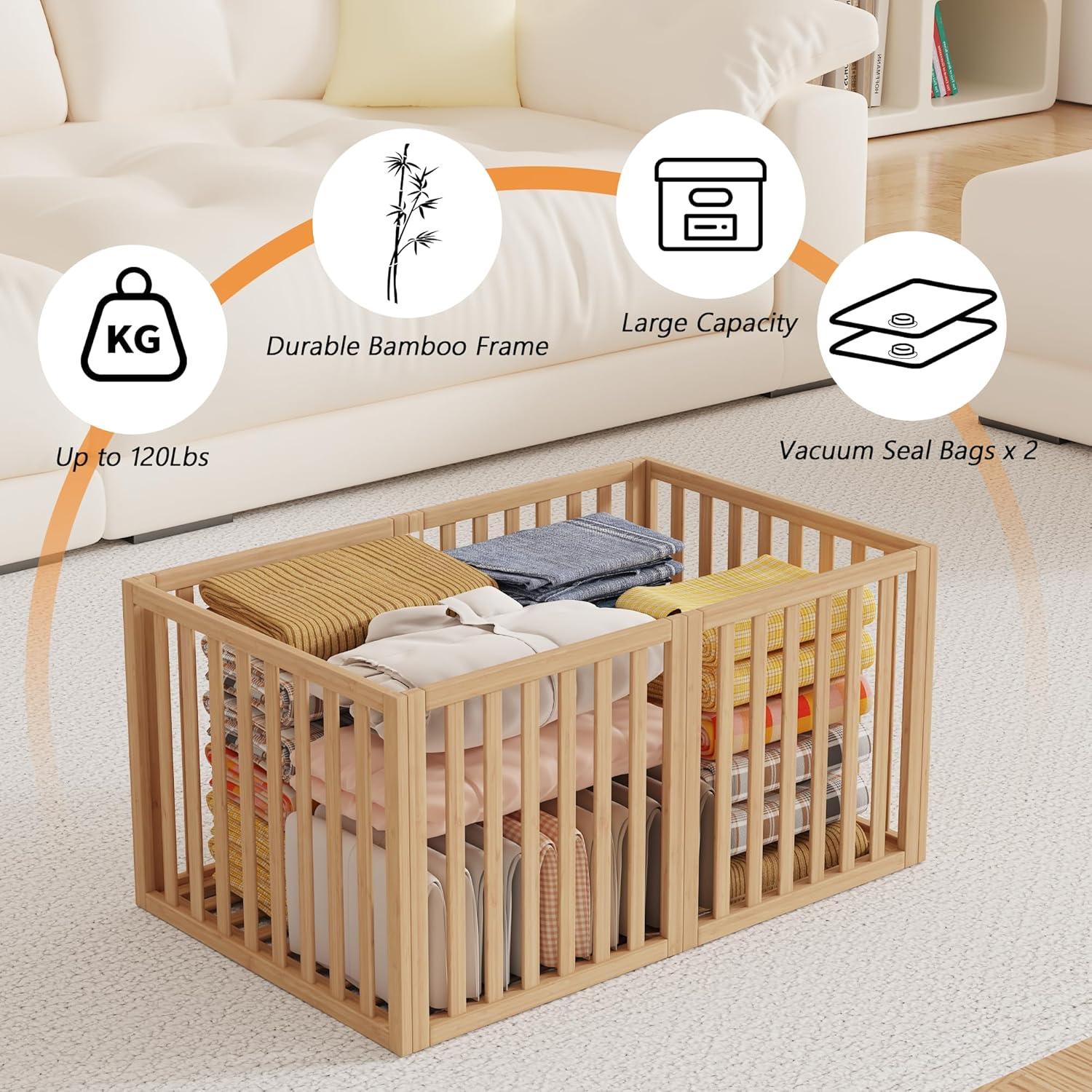 Bamboo Under Bed Storage Containers- Underbed Organizer with Wheels with Large Capacity Dust Bag,Sturdy Wood Rolling Under Bed Shoe Storage Organizer Drawer 2 Packs (Nature, Small)