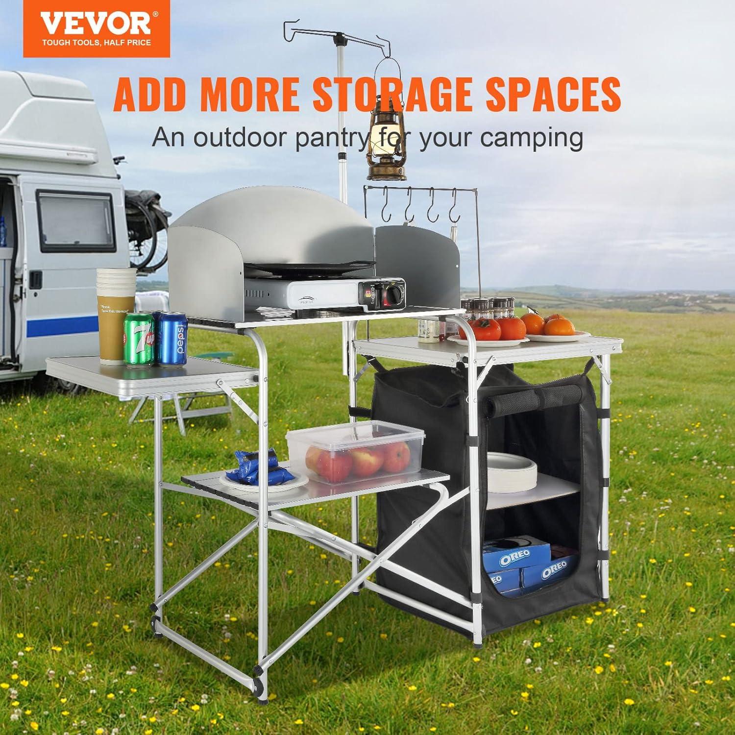 Black Aluminum Folding Camping Kitchen Table with Storage and Windscreen