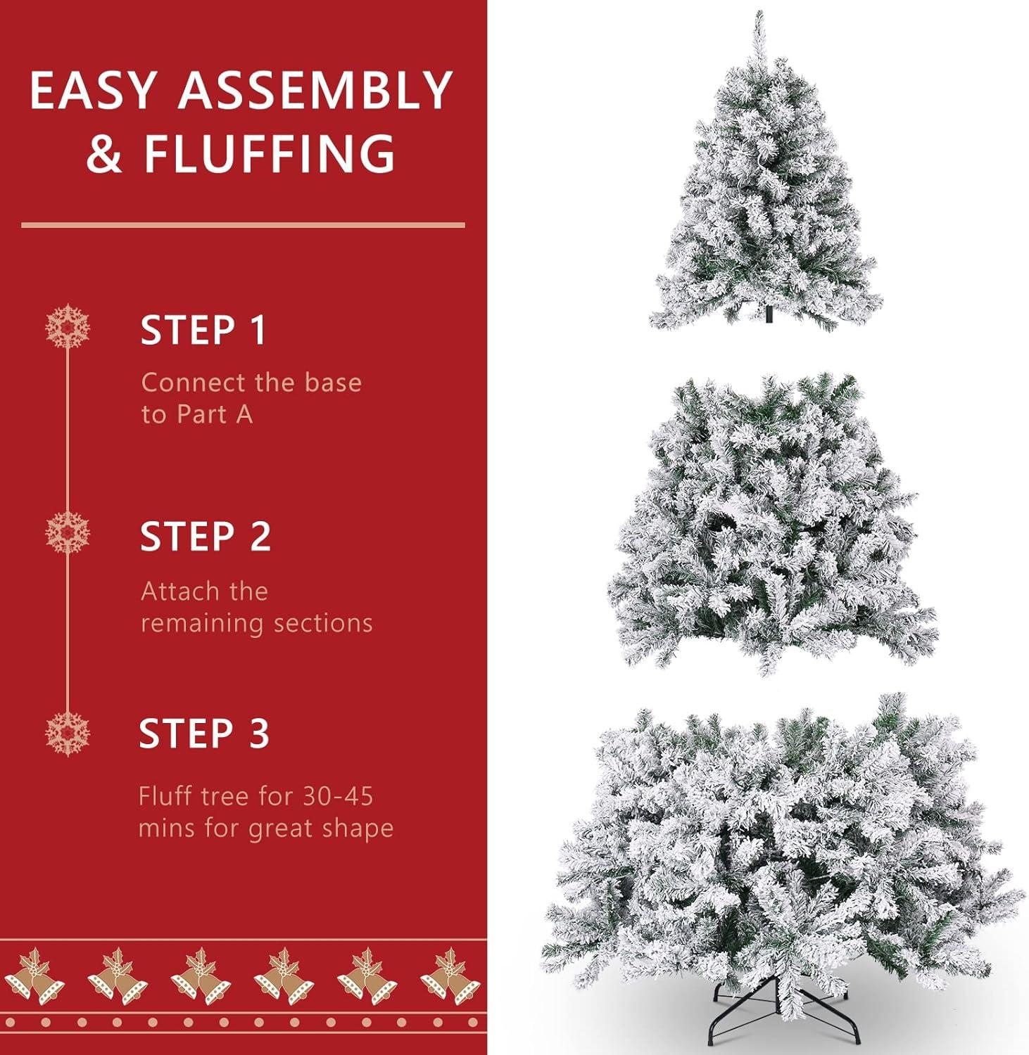 6.5ft Pre-Lit Snow Flocked Artificial Pine Christmas Tree with White Lights