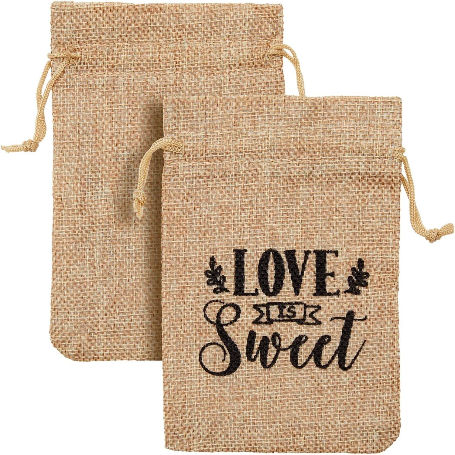 Sparkle and Bash 30 Pack Small Burlap Gift Bags with Drawstring for Wedding Party Favors, Jewelry, Love Is Sweet, 4 x 6 In