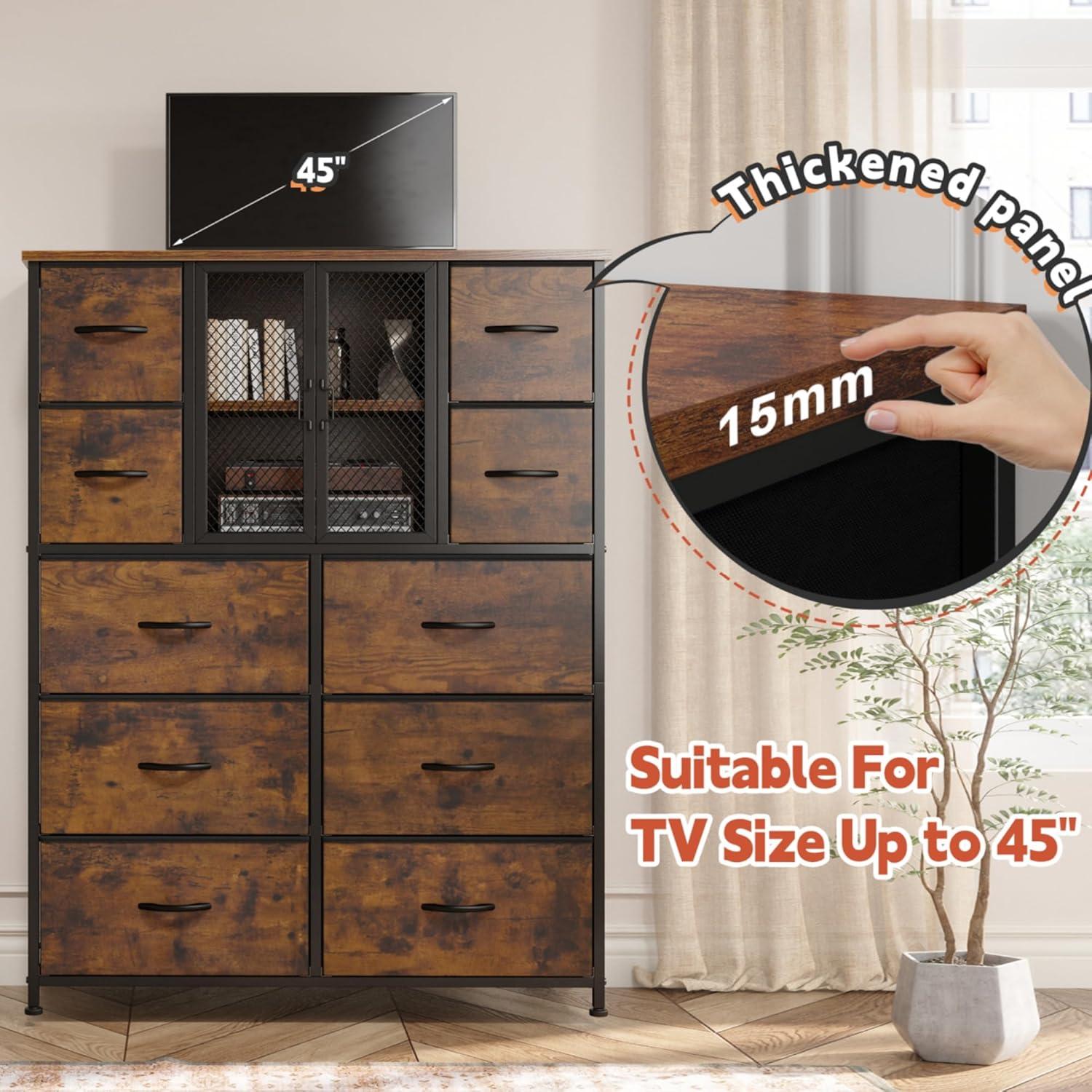 ASDRFYU Dresser Tall Dressers for Bedroom with Mesh Door Dressers & Chests of Drawers with 10 Fabric Drawer Dresser Organizer Metal Frame Wood Top for Closet Entryway Black 38" Wx