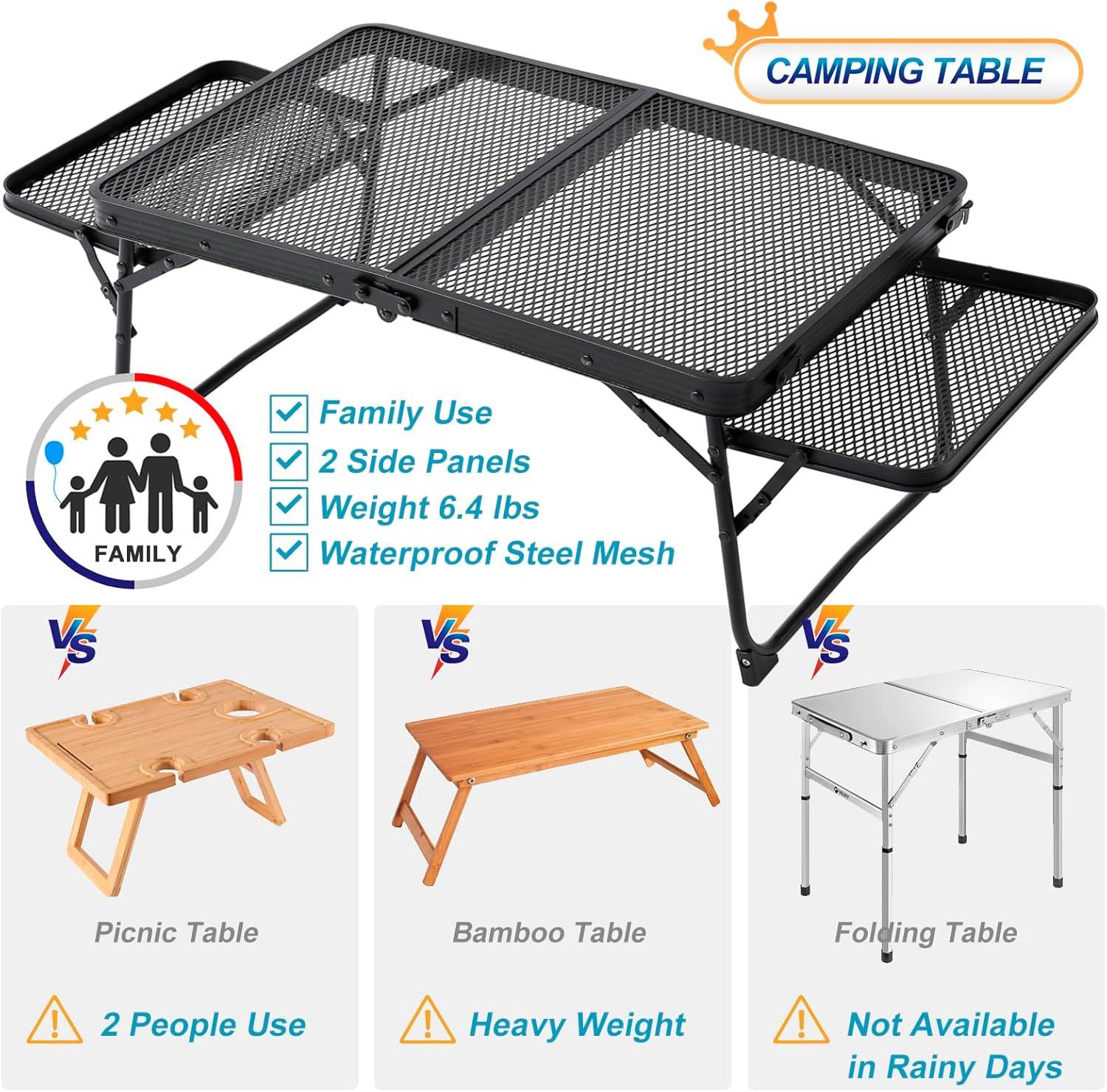 Small Low Camping Table with 2 Wing Panels, Folding Low Picnic & Outdoor Table with 2 Shelves, Lightweight & Easy Carry for Beach, Fishing, Sturdy Steel Mesh Top (3 FT, Black)