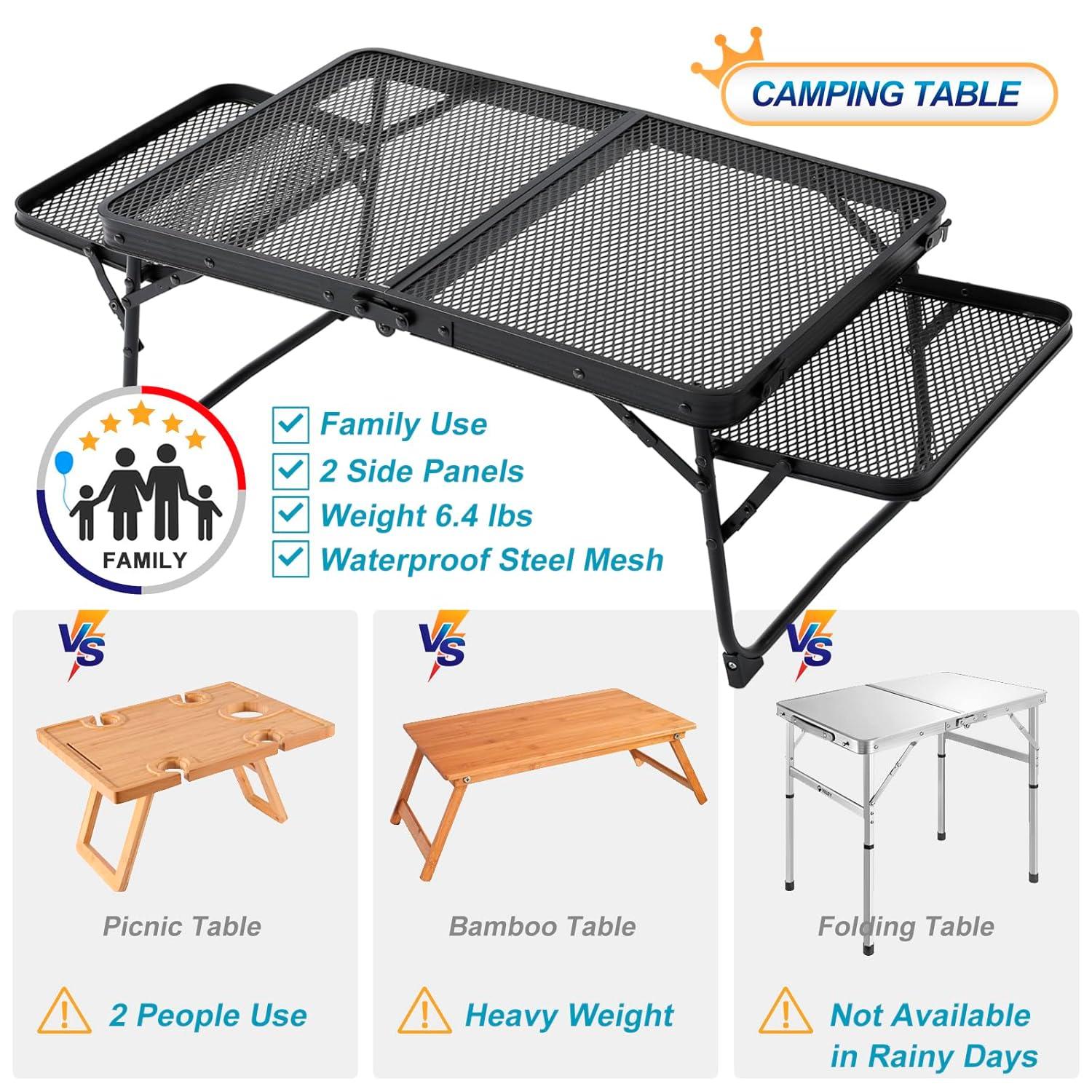 Small Low Camping Table with 2 Wing Panels, Folding Low Picnic & Outdoor Table with 2 Shelves, Lightweight & Easy Carry for Beach, Fishing, Sturdy Steel Mesh Top (3 FT, Black)