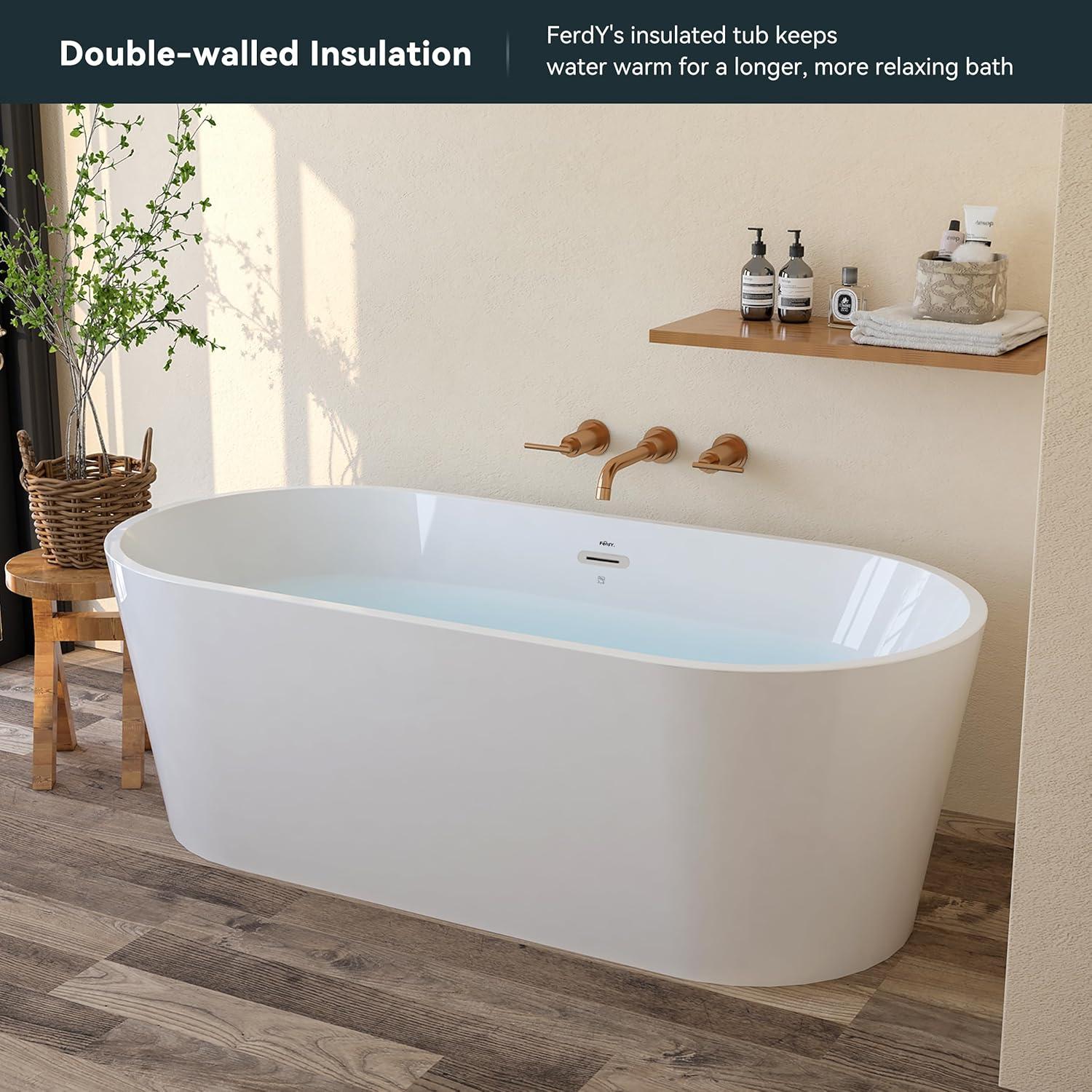 Freestanding Soaking Acrylic Bathtub with Brushed Nickel Drain