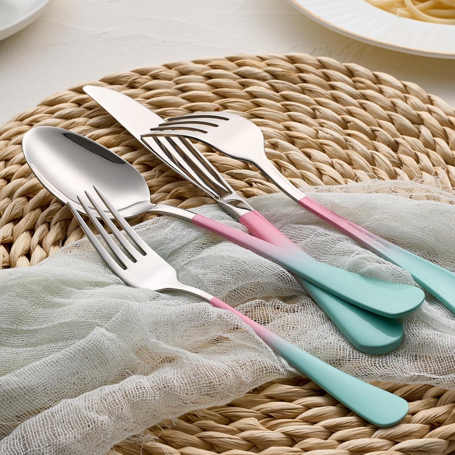20-Pieces color Silverware Sets for 4,Pink and Green Handle Stainless Steel Cutlery Set, Include Forks Spoons and Knives Set, Dishwasher Safe Utensil Sets for Home Restaurant