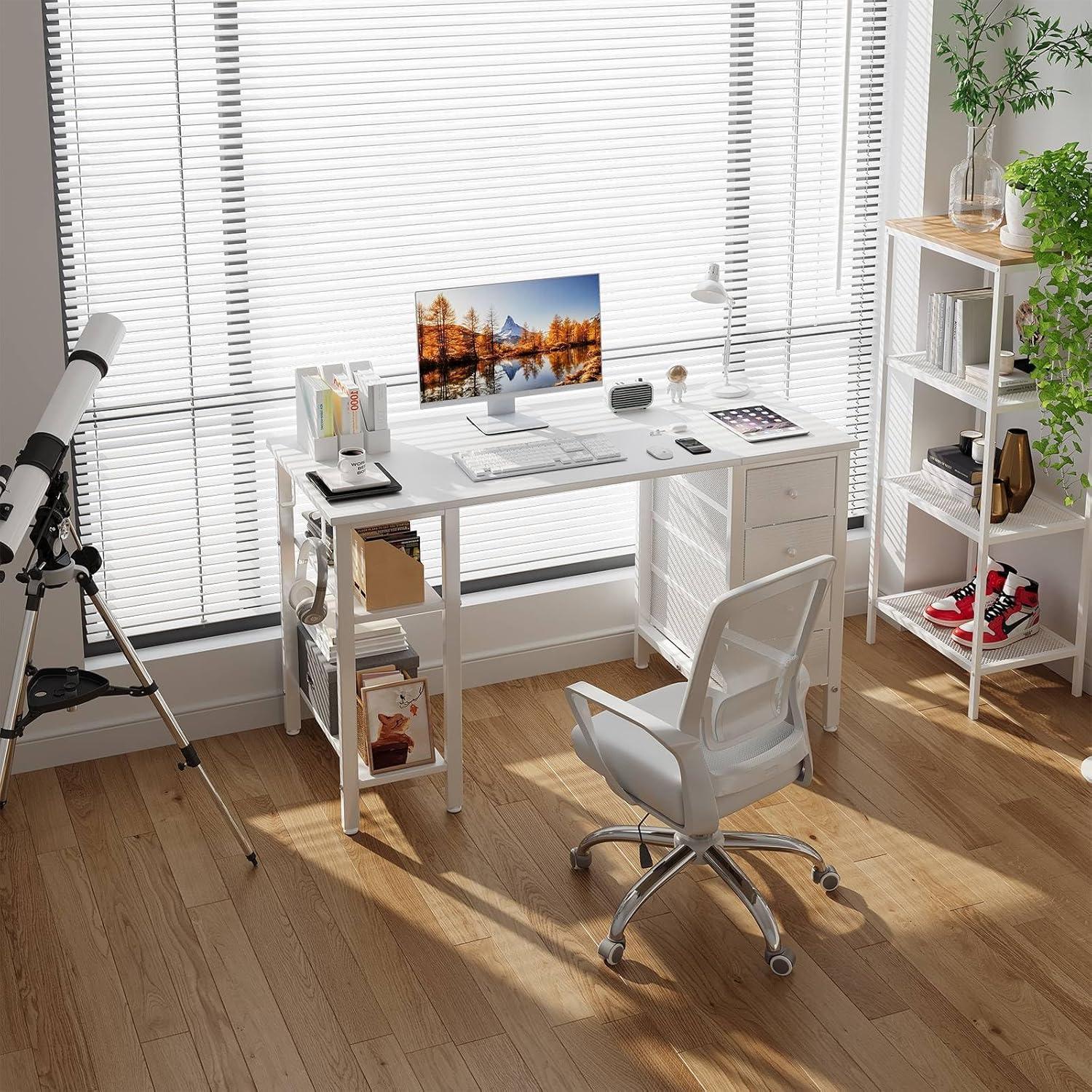 White 47" Computer Desk with Drawers and Power Outlet