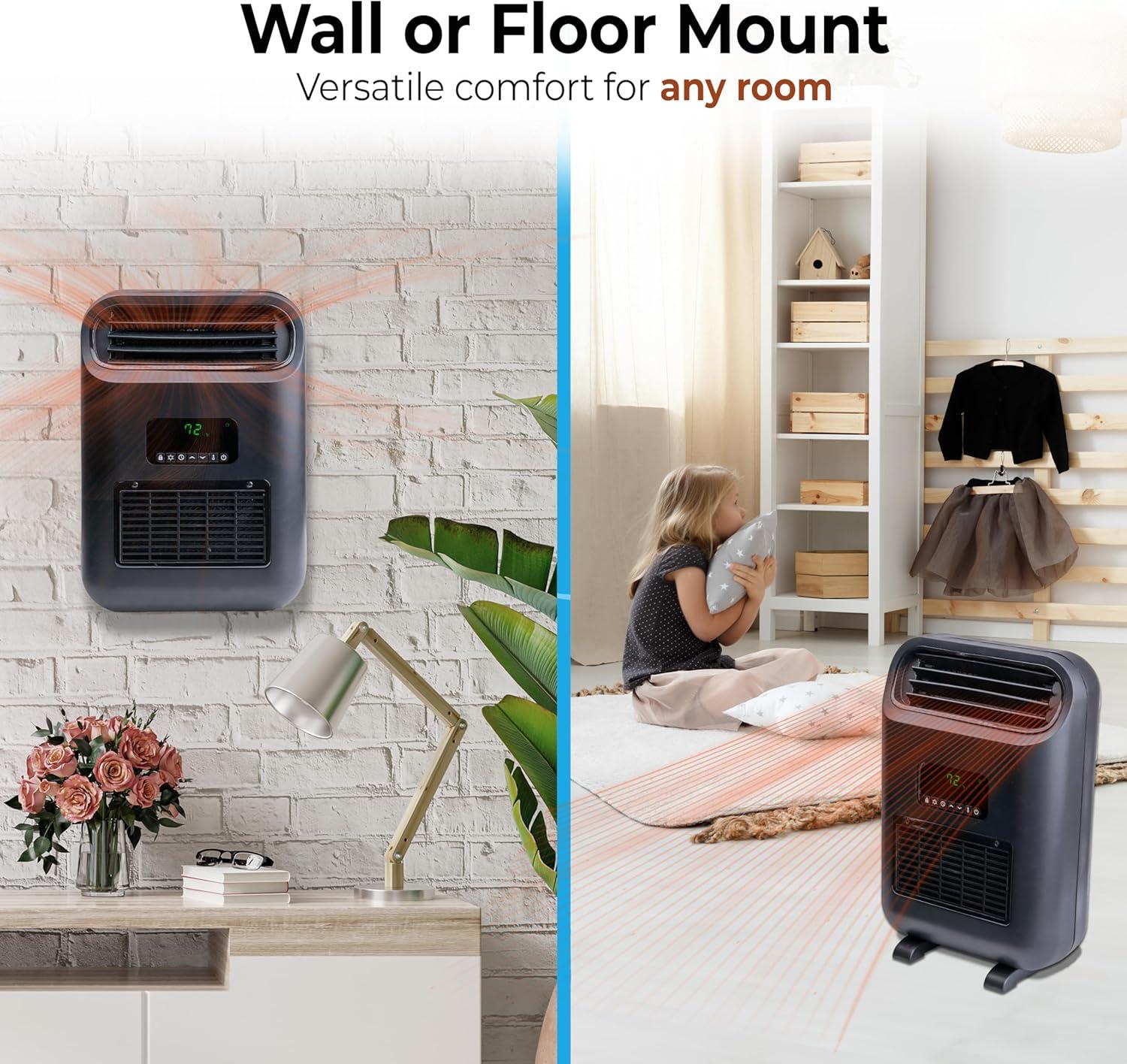 Comfort Zone 14" Slim Line Wall Mount Electric Space Heater with Stand, Remote Control, Digital Adjustable Thermostat, Timer, LCD Display, Safety Tip Over Switch, Overheat Protection, MT8142