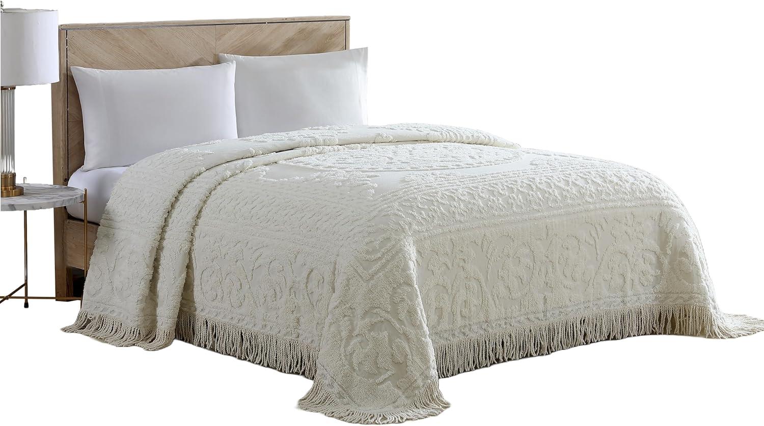 Winston Brands Luxurious Medallion Chenille Fringe Border Bedspread Ivory - King