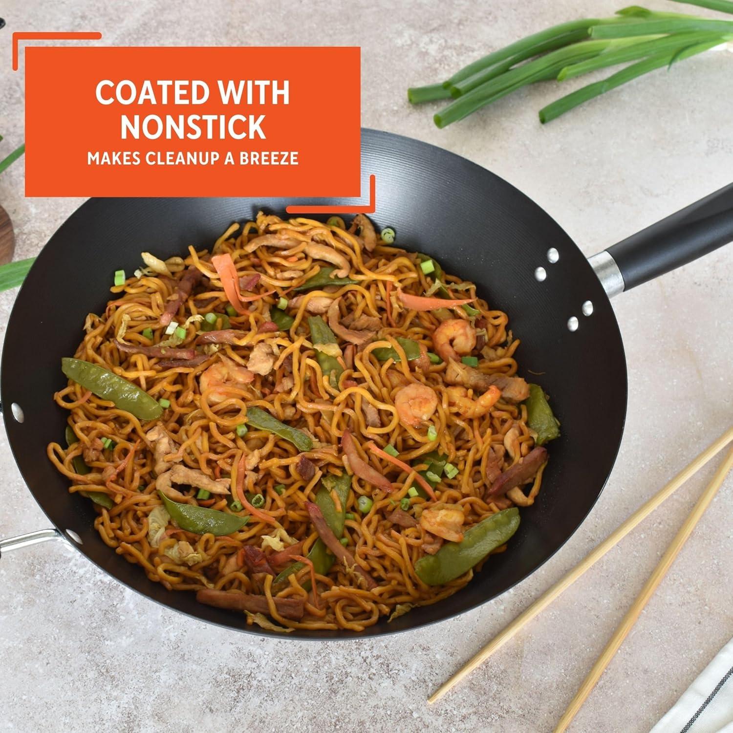 IMUSA 14" Coated Wok with Bakelite Handle: Nonstick Carbon Steel Stir Fry Pan, 64 Volume, Electric & Gas Compatible