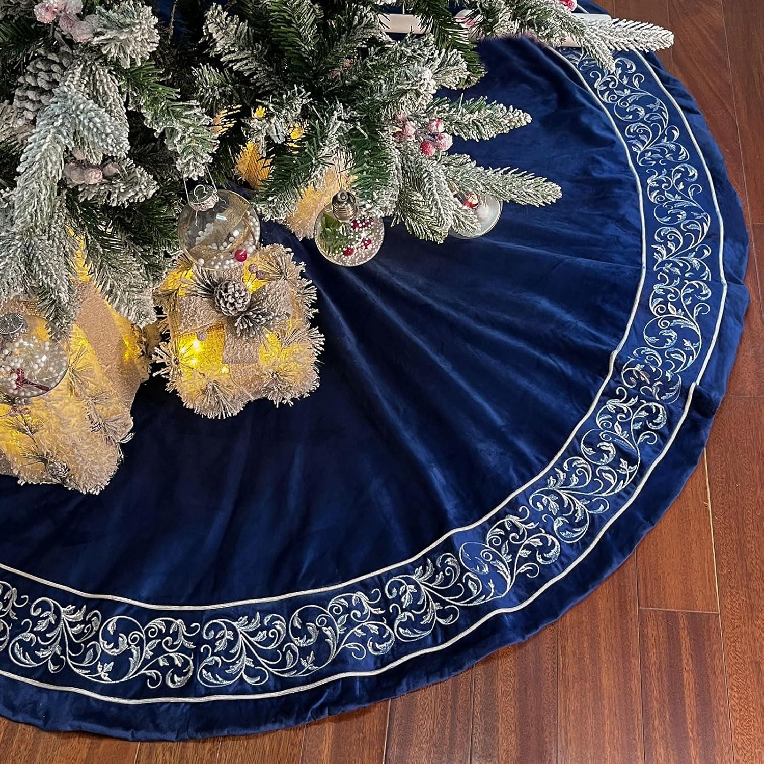 SHIRLEY'S OFFICE FURNITURE, LLC Christmas Tree Skirt 60 Inch, Blue Luxury Extra Large Skirts With Silver Embroidered Vintage Pattern, Classic Retro Christmas Tree Decorations Gifts