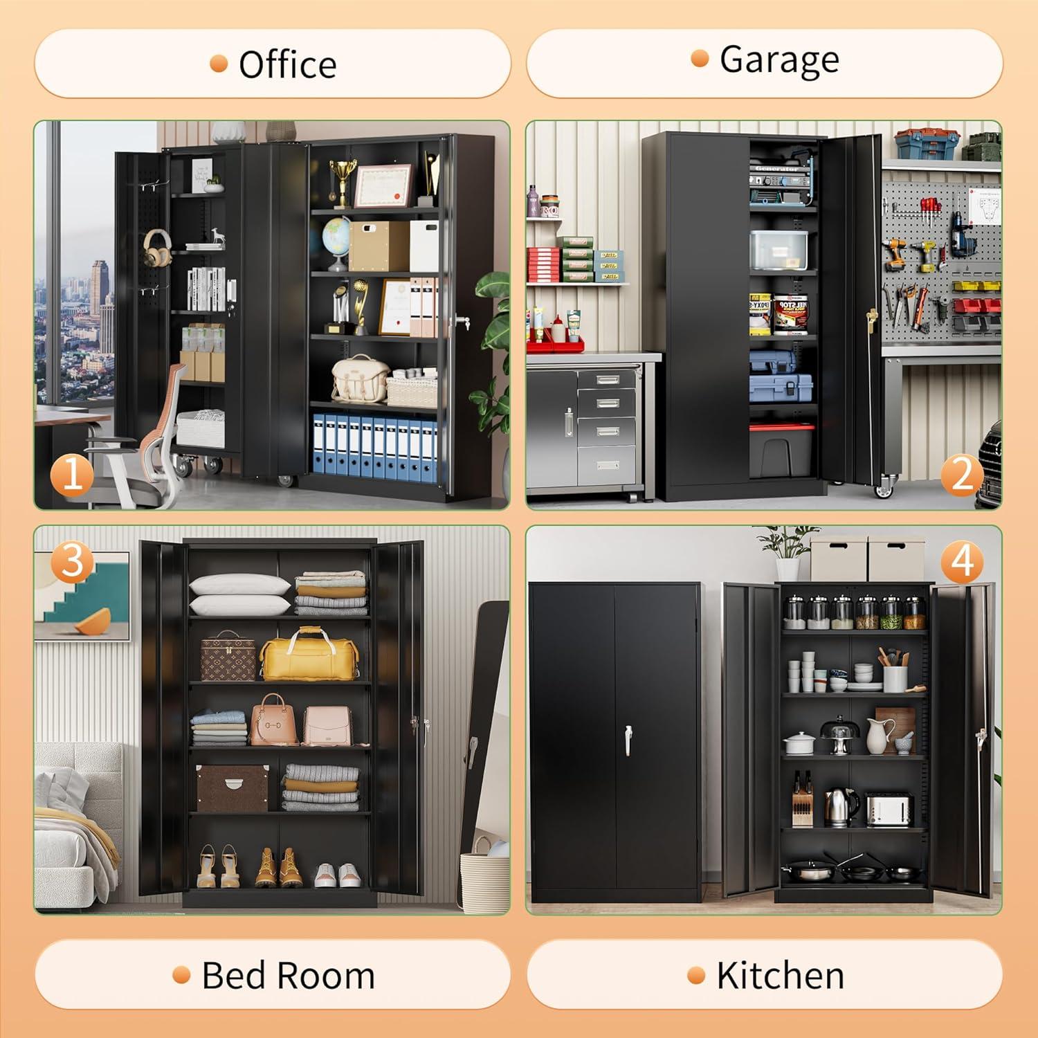 Greenvelly Metal Storage Cabinet with Lock, 72" H Black Metal Garage Storage Cabinet with Doors and 4 Shelves, Lockable Steel Tool Cabinets for Garage, Home, Office, Shop, School(36" W x 18" D)