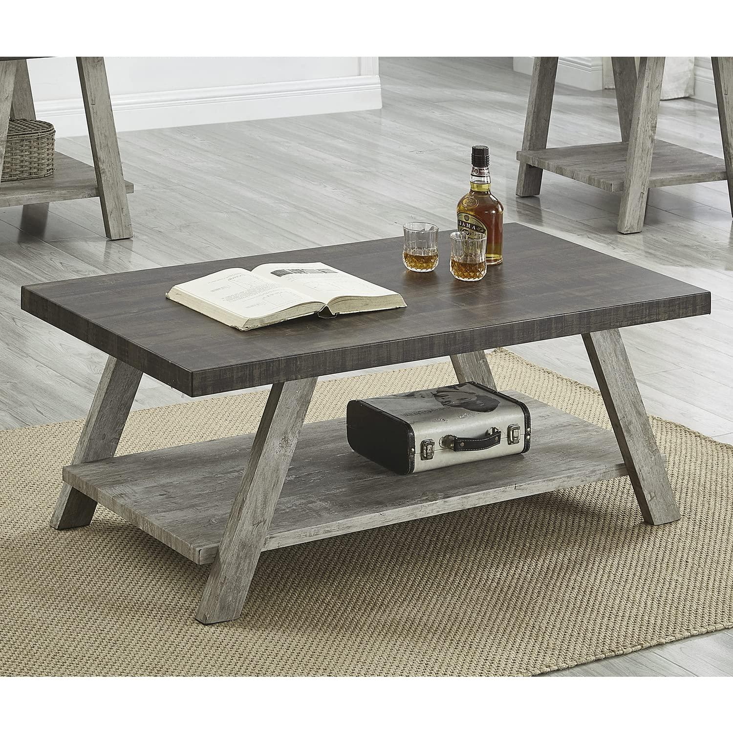 Roundhill Furniture Athens Contemporary Two-Tone Wood Shelf Coffee Table in Weathered Walnut and Gray
