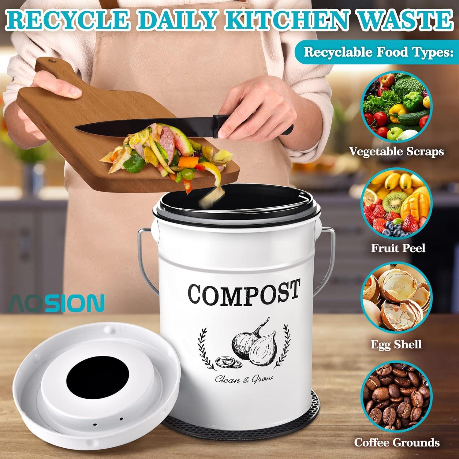 Compost Bin Kitchen Counter,Countertop Compost Bin with Lid,Indoor Kitchen Compost Bin,Countertop Composter Container,Compost Pail Food Waste Bin for Kitchen,1.0 Gallon,White