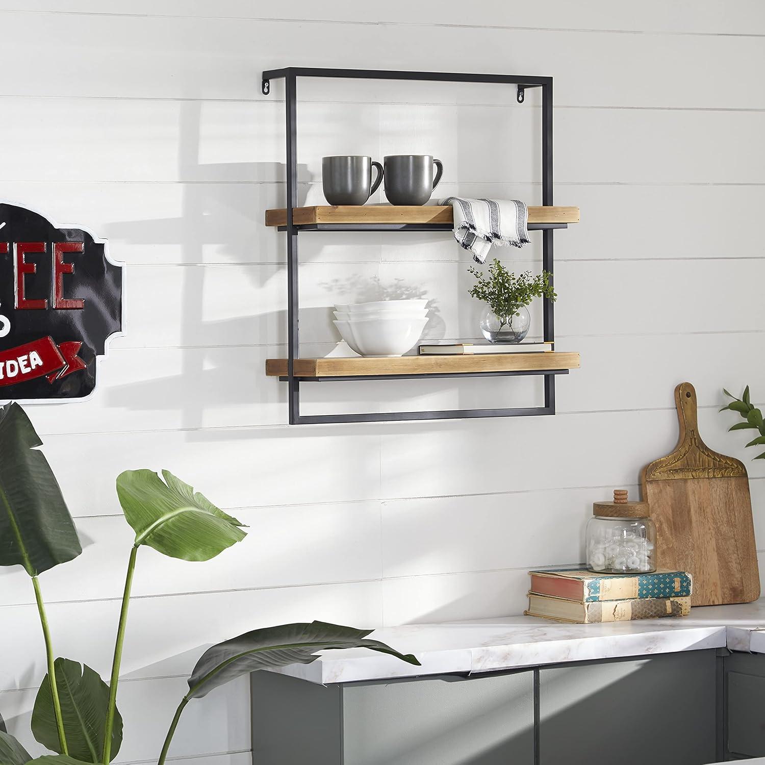 Brown 26" Floating Wood and Metal Wall Shelf