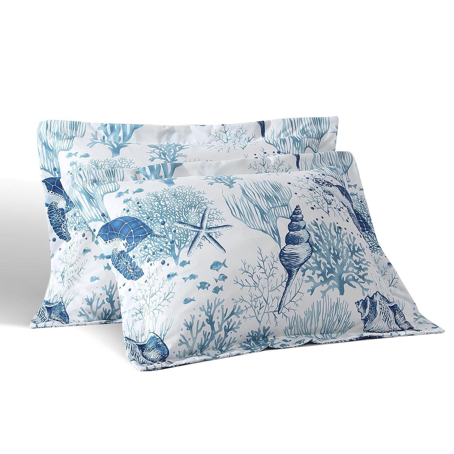 Full/Queen Blue and White Microfiber Coastal Comforter Set