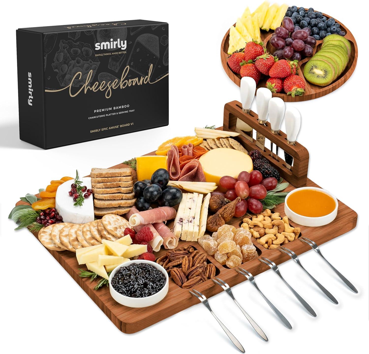SMIRLY Charcuterie Board Set Large Bamboo Cheese Board with Fruit Tray & 2 Ceramic Bowls