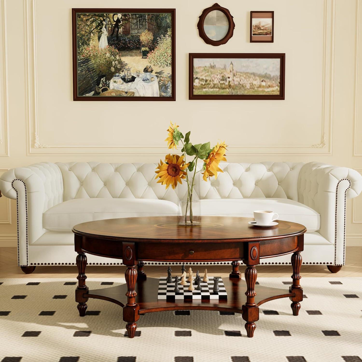 Solid Wood Coffee Table Console Table with Storage Drawer With drawers Coffee Table Wood, Cherry Coffee Tables