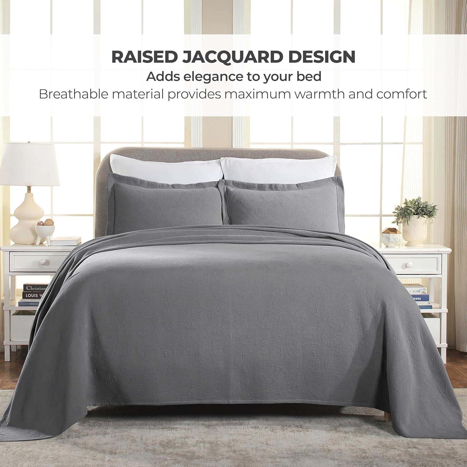 Superior Cotton Paisley Bedspread 3 Piece Bedding Set, Twin, Grey