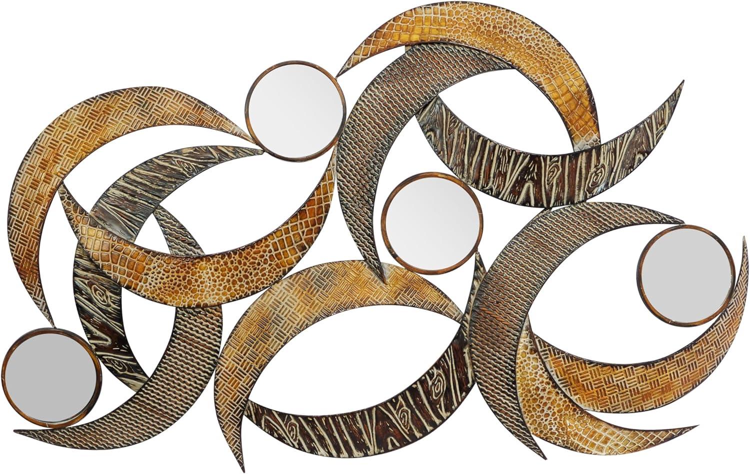 DecMode Contemporary Curved Metal Stips with Indigenous Patterns Wall Décor, 24"W x 40"H Features Gray, Brown, Maroon and Yellow Polished Finish