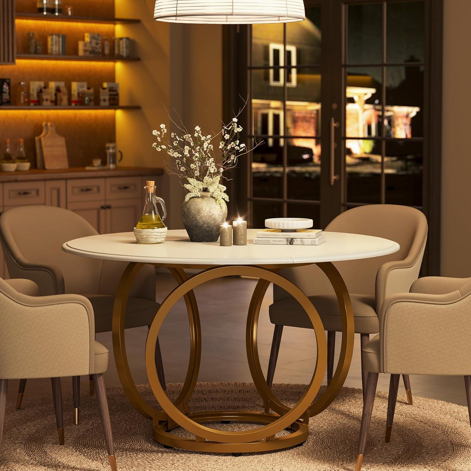 47 inch Dining Table for Dining Room, 4 People Round Dinner Table white & Gold