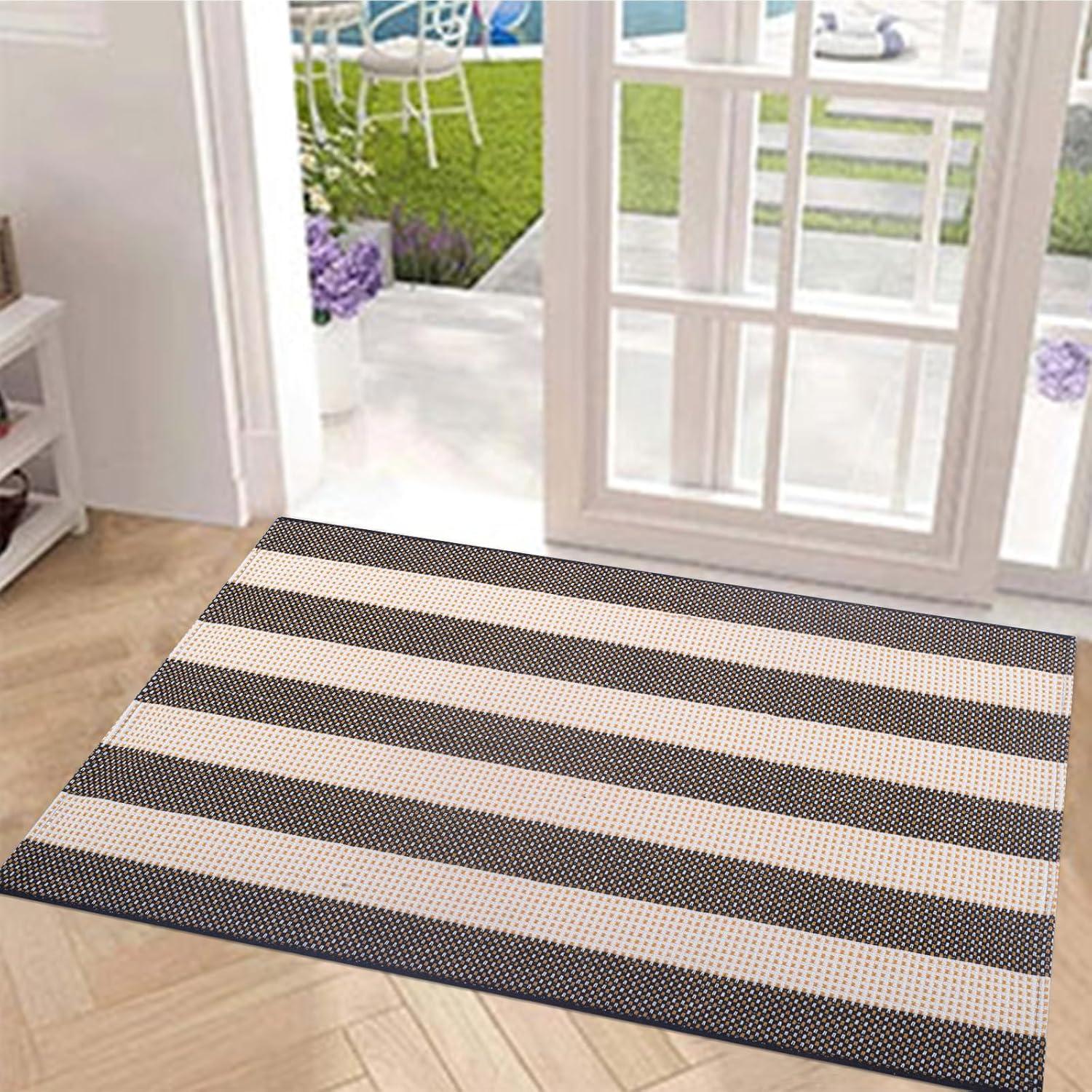 Black and White Striped Hand-Woven Outdoor Rug 24'' x 51''