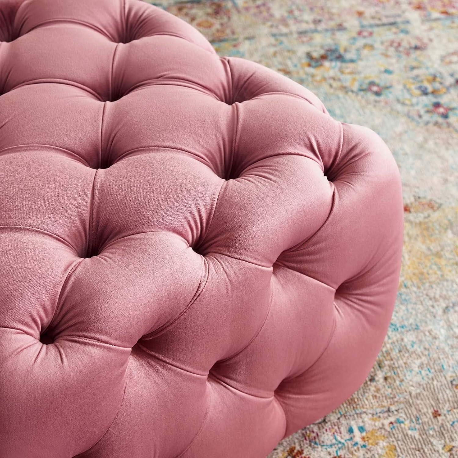 Dusty Rose Velvet Tufted Ottoman with Deep Button Detailing