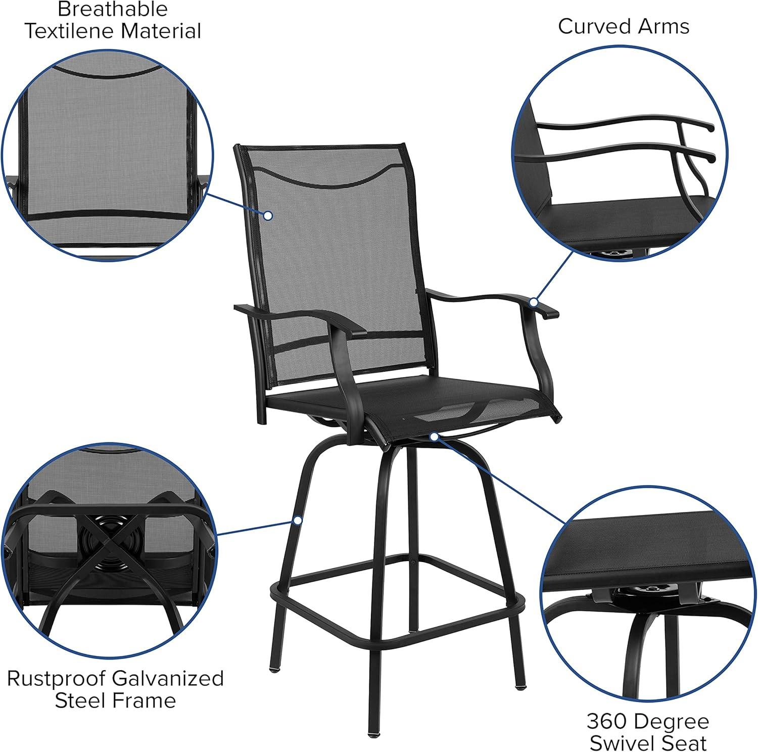 Flash Furniture Patio Bar Height Stools Set of 2, All-Weather Textilene Swivel Patio Stools and Deck Chairs with High Back & Armrests in Black