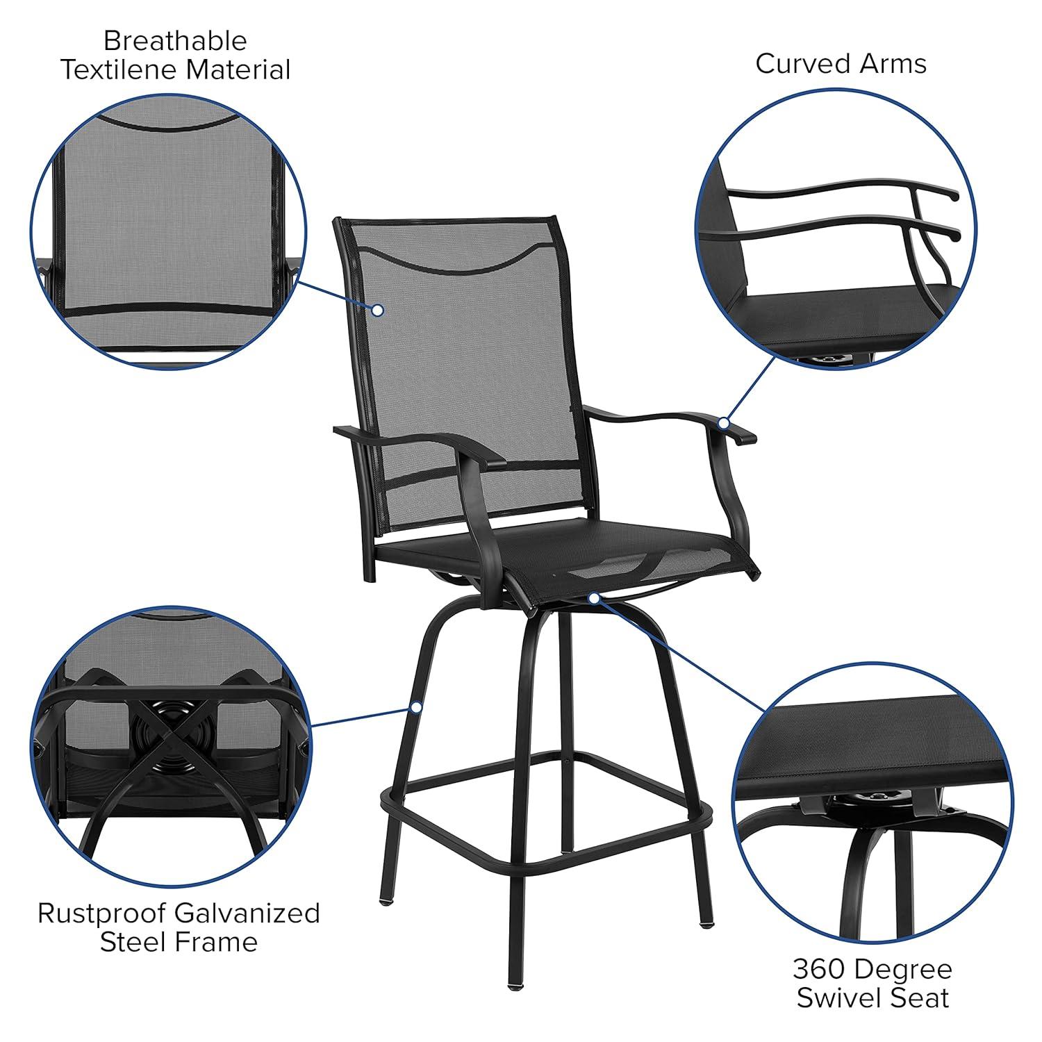 Flash Furniture Patio Bar Height Stools Set of 2, All-Weather Textilene Swivel Patio Stools and Deck Chairs with High Back & Armrests in Black