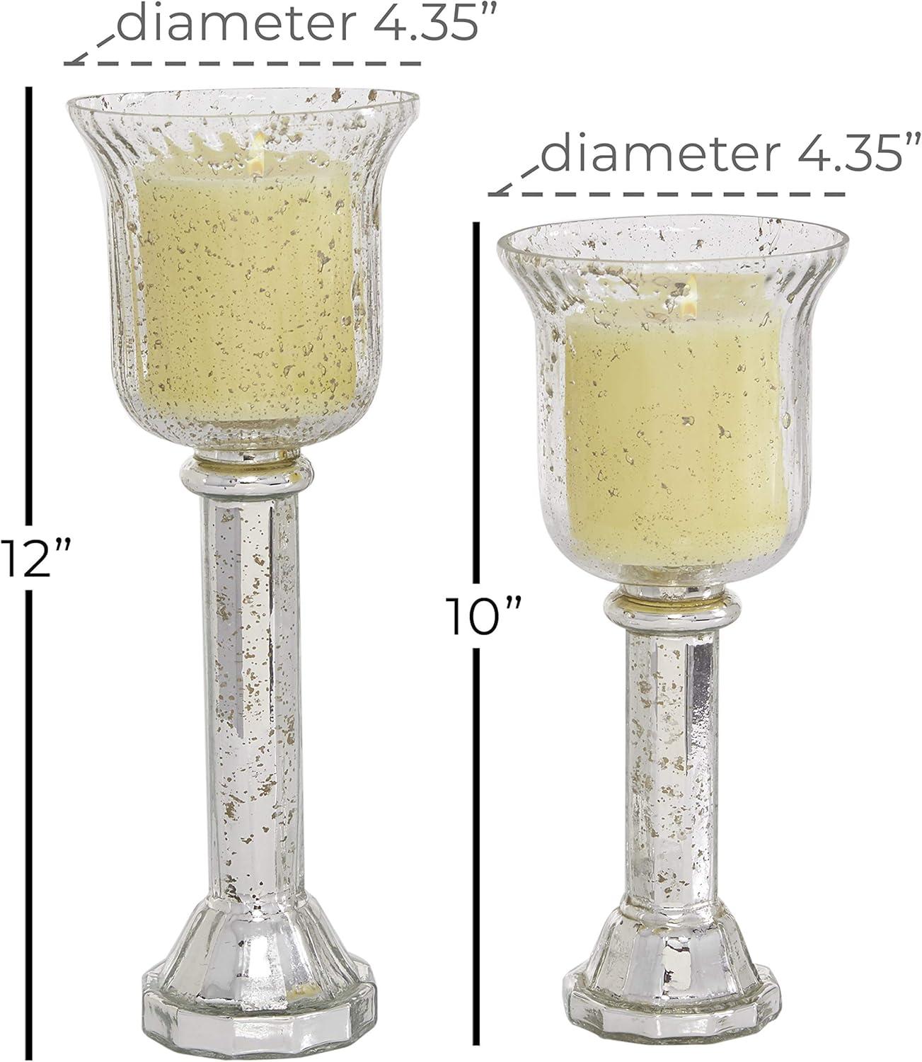 DecMode 2-Slot Silver Glass Pillar Hurricane Lamp with Faux Mercury Glass Finish, Set of 2
