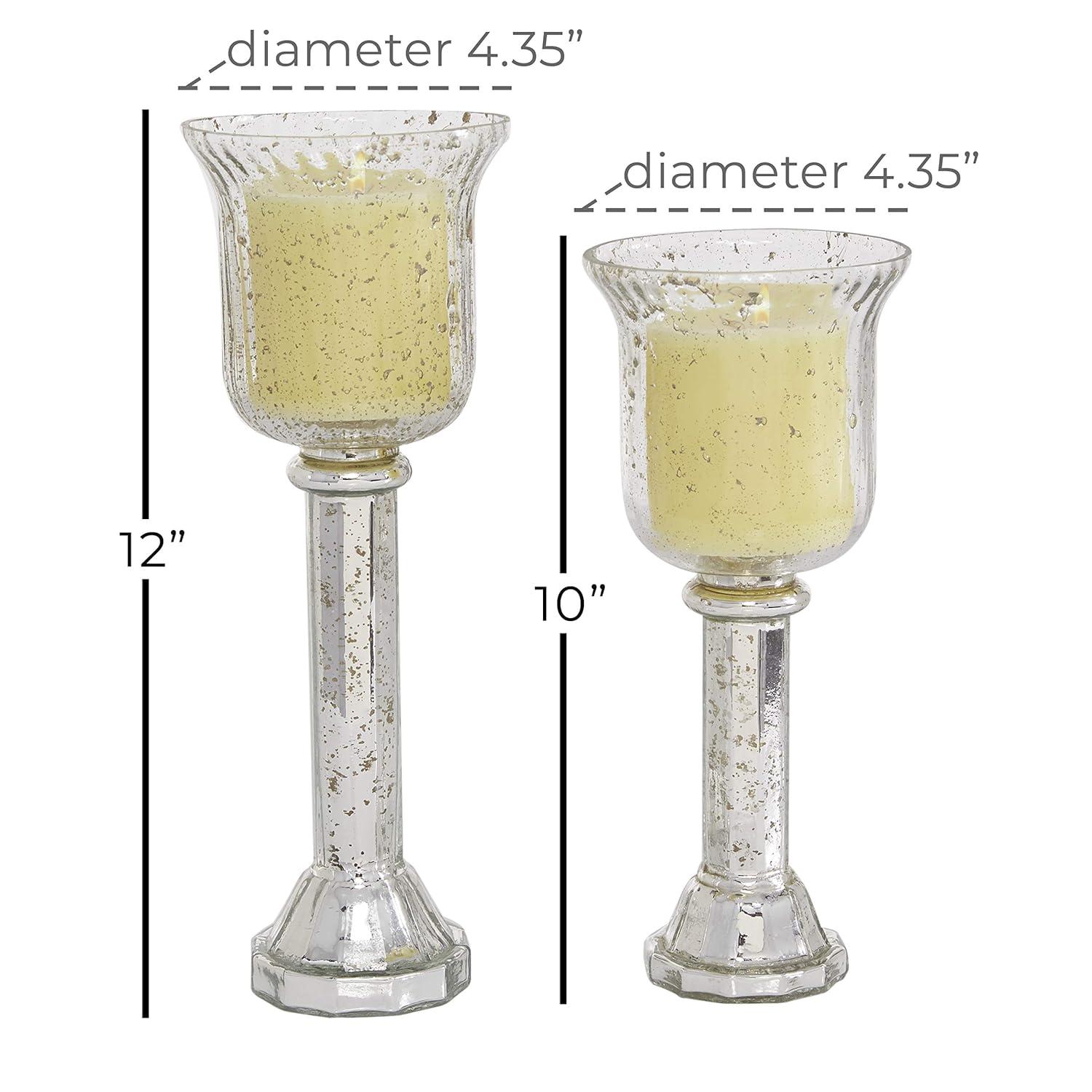 DecMode 2-Slot Silver Glass Pillar Hurricane Lamp with Faux Mercury Glass Finish, Set of 2