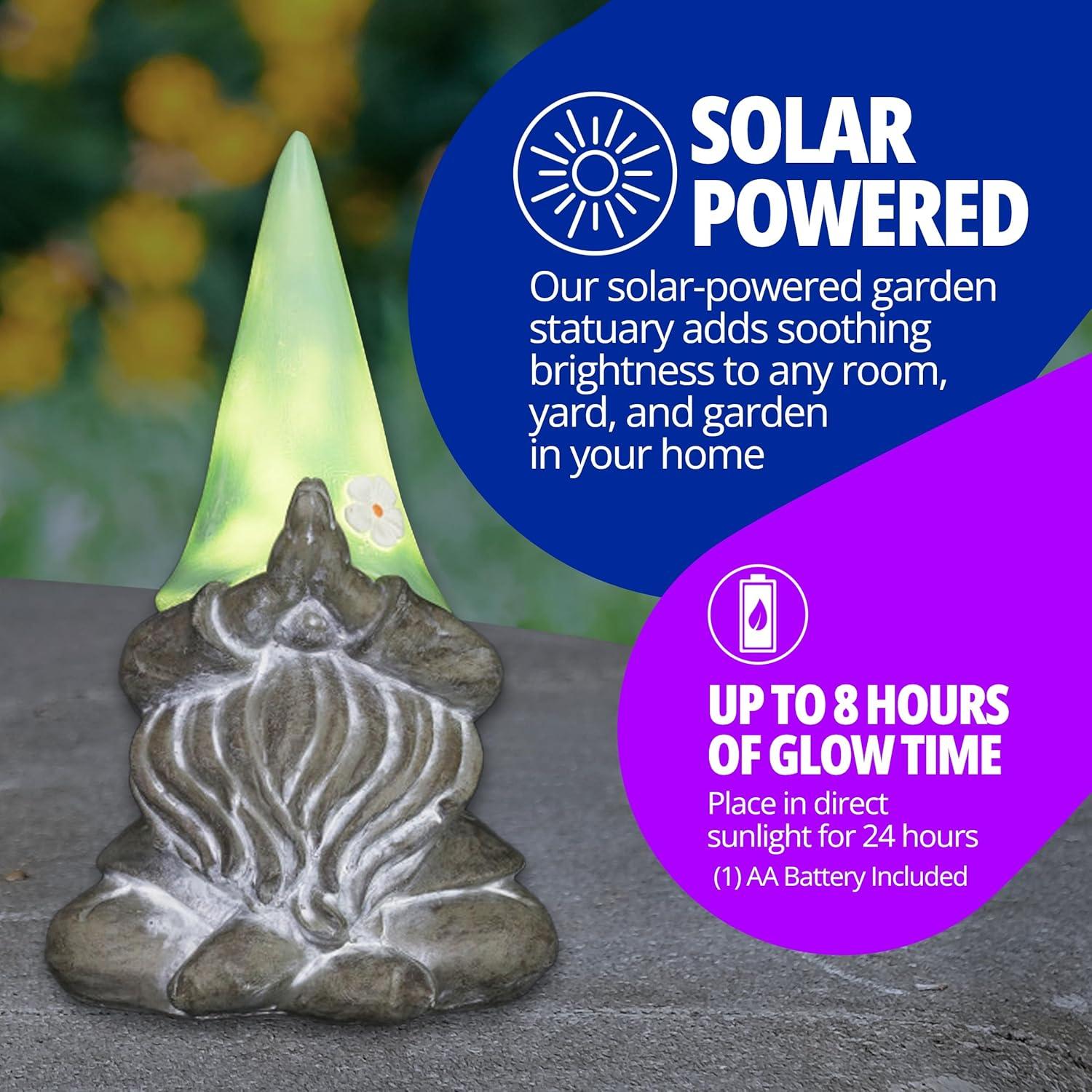 Exhart Good Time Solar Gnamaste Meditating Gnome Statue, 11 Inch