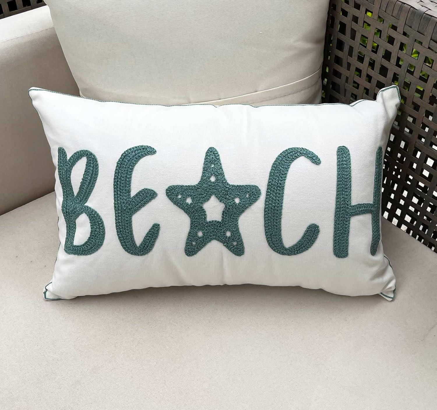 Embroidered Beach Throw Pillow Covers,Beach Decorative Canvas Pillow Cover for Nautical Style Deco 12 X 20 Inches (Beach 1220)