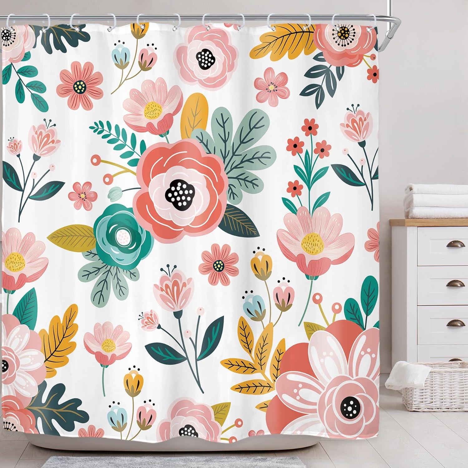 Red Barrel Studio® Pink Floral Shower Curtain For Bathroom Decor 72Wx72h Watercolor Colorful Flower Tropical Leaves Spring Botanical Sage Green Art Printed Fabric Polyester Waterproof 12 Pack Plastic Hooks