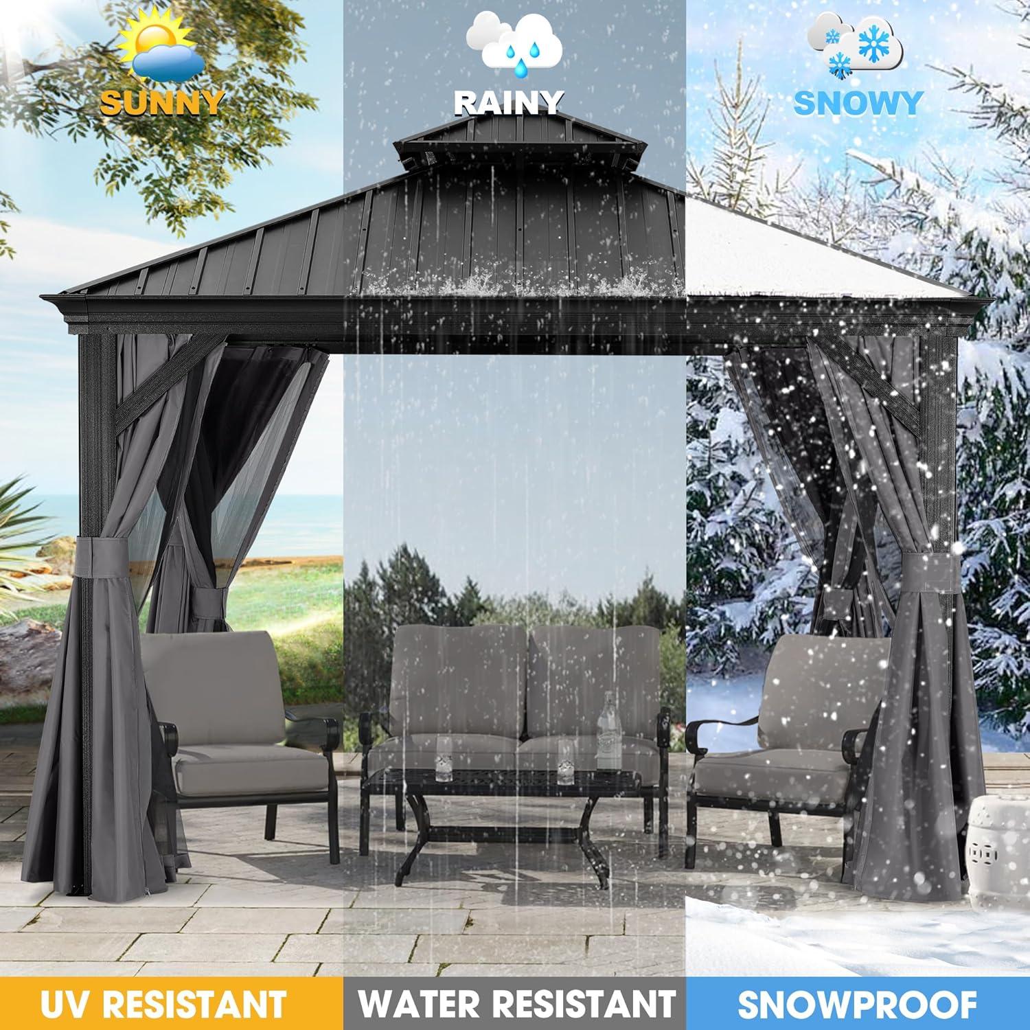 Adoolla 10'x10' Hardtop Gazebo for Patio with Netting and Curtains, Metal Roof Canopy Aluminium Frame Permanent Pavilion