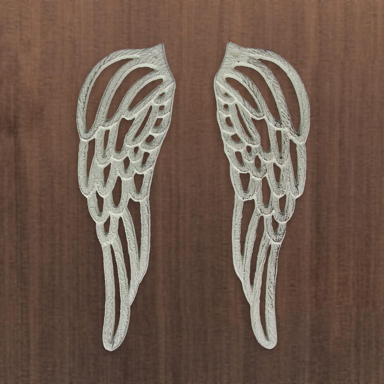 Zeckos Cast Iron Angel Wings Wall Sculpture White Set of Two