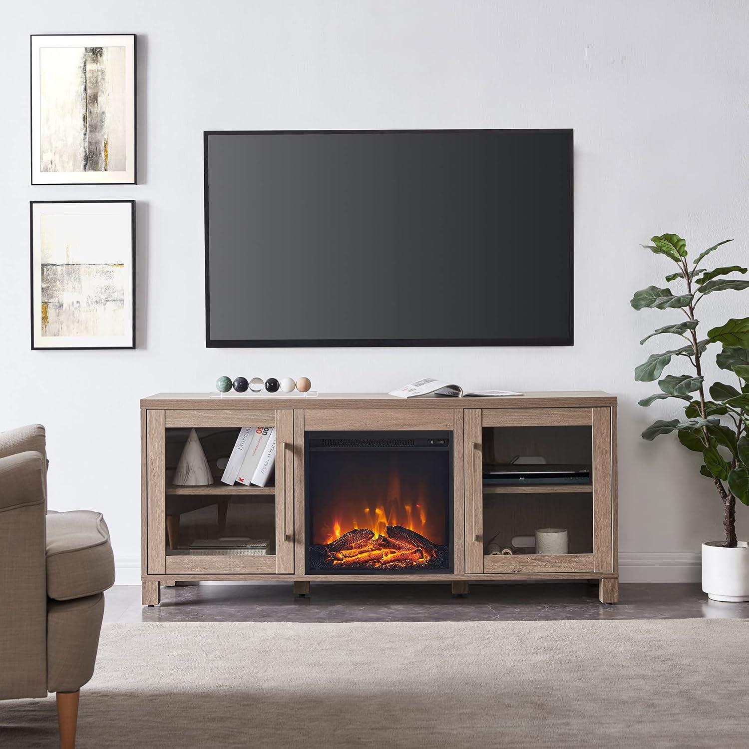 Antiqued Gray Oak TV Stand with Log Fireplace for 65" TVs