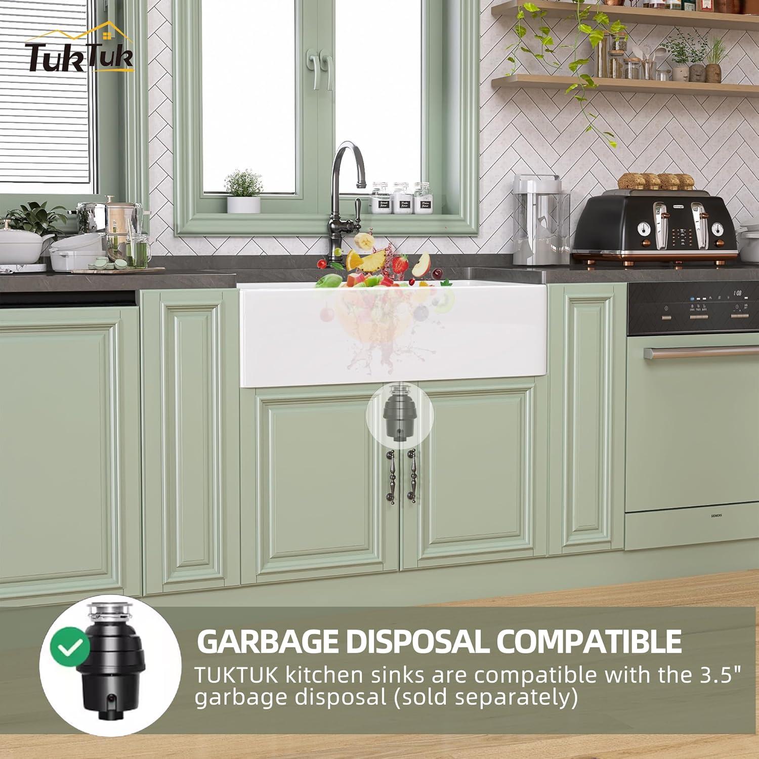TUKTUK White Farmhouse Sink 30X20 inch Fireclay Farm Sink Apron Undermount Kitchen Sink Single Bowl Extra Wide Large Capacity Drop-in Modern Kitchen Sink with Luxury Bottom Grid & Strainer