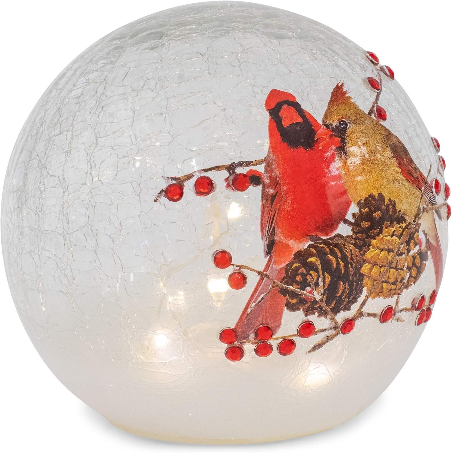 Mark Feldstein & Associates Woodland Cardinal Pair Rosy Red 6 x 6 Crackle Glass LED Lighted Holiday Globe